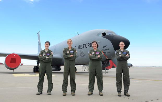 Capt. Rachel Quirarte, 349th Air Refueling Squadron pilot, Maj. Chrystina Jones, 22nd Air Refueling Wing Plans and Programs deputy chief, Lt. Col. Jasmin Silence, 350th Air Refueling Squadron commander, and Staff Sgt. Danielle Warren, boom operator, stand in front of a KC-135 Stratotanker February 23, 2017, at McConnell Air Force Base, Kansas. They showcase the career diversity of Team McConnell members. (Tara Fadenrecht/U.S. Air Force)