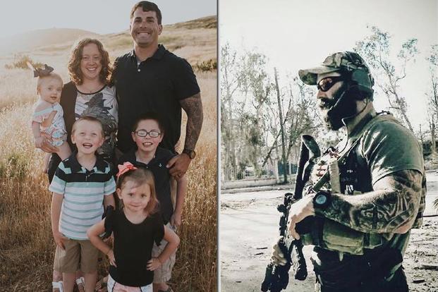Chief Petty Officer Kenton Stacy with his family (left), and while on deployment (right). (Family photos via Facebook)