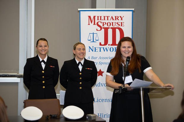 Libby Jamison, right, speaks at a Military Spouse JD Network event. (Courtesy of Libby Jamison)