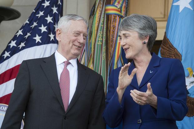  Then-Defense Secretary Jim Mattis laughs as Secretary of the Air Force Heather Wilson sings the Air Force song after her swearing-in ceremony on May 16, 2017, at the Pentagon in Washington, D.C. (DoD photo by Air Force Tech. Sgt. Brigitte N. Brantley)