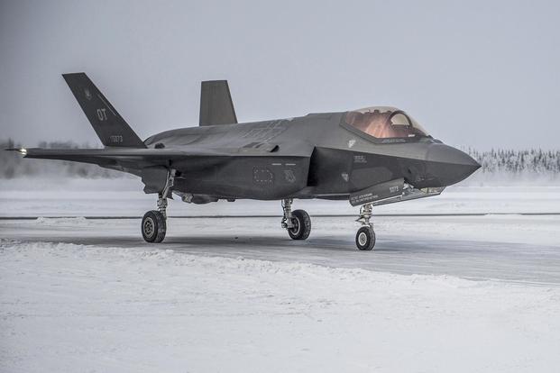 A U.S. Air Force F-35A Lightning II sits on the flight line during pre-Initial Operational Testing and Evaluation on Jan. 23, 2018, at Eielson Air Force Base, Alaska. (U.S. Air Force/Airman 1st Class Isaac Johnson)