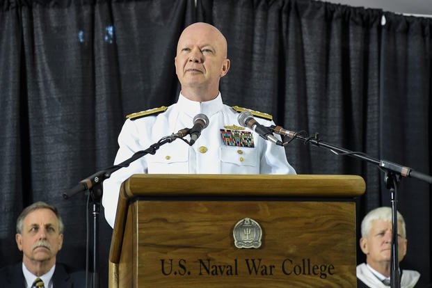 Rear Adm. Jeffrey A. Harley, president, U.S. Naval War College (NWC) addresses the students of the 2018 graduating class during a commencement ceremony held at NWC, June 15, 2018. (U.S. Navy photo/Jess Lewis)