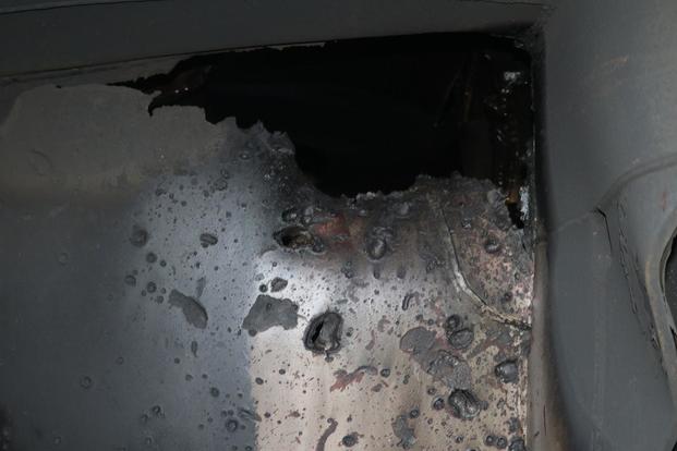 Photo shows a view of internal hull penetration/blast damage sustained from a limpet mine attack on the starboard side of motor vessel M/T Kokuka Courageous, while operating in the Gulf of Oman, June 13. (Photo: U.S. Navy)