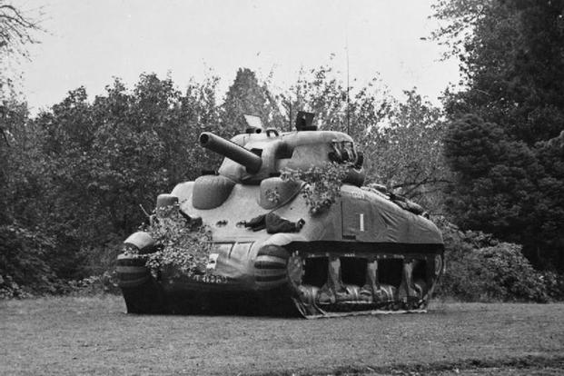 Dummy tanks like the inflatable Sherman Tank seen here were used in Operation Fortitude and other Allied D-Day deception operations. (U.S. Army/Wikimedia commons)