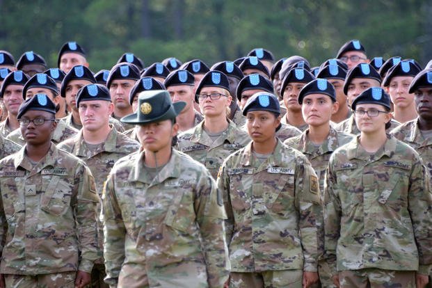 Spc. Carly Schroeder, center, stands proud with 450 Soldiers from 2nd Battalion, 60th Infantry Regiment as they await to reunite with their family members June 26, 2019 for Family Day. (U.S. Army photo/Alexandra Shea)