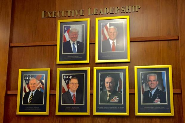 Executive Leadership portraits at the Pentagon on July 15, 2019, include Richard V. Spencer (bottom left), who will service as acting secretary of defense for the duration of Mark Esper’s confirmation process. (Oriana Pawlyk/Military.com)