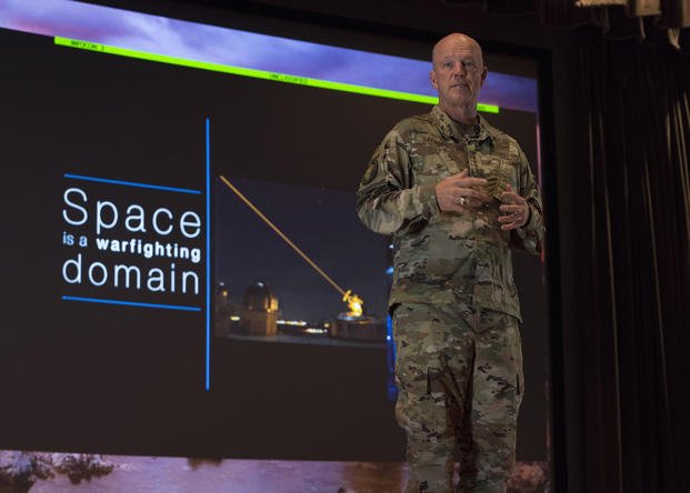 Gen. John "Jay" Raymond, the commander of Air Force Space Command and the Joint Force Space Component Command, hosted an all-call on July 2, 2019, at Vandenberg Air Force Base, Calif. During the all-call Raymond discussed many topics regarding the Air Force Space Command community and how space is now a warfighting domain. (Clayton Wear/Air Force)