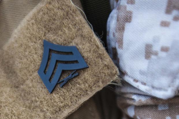 A sergeant's chevron is pinned to a flak jacket at Camp Lejeune, N.C. (U.S. Marine Corps photo by Cpl. Christopher Q. Stone)
