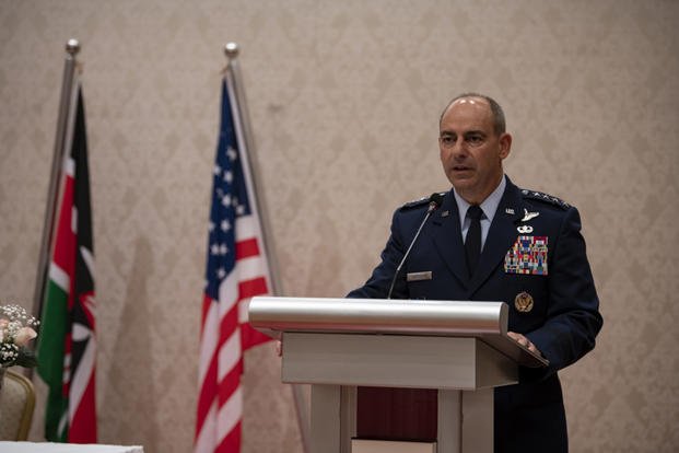 U.S. Air Force Gen. Jeffrey L. Harrigian, Air Forces Europe-Air Forces Africa Commander, gives his closing remarks of the ninth annual African Air Chiefs Symposium at Nairobi, Kenya, Aug. 29, 2019. (U.S. Army photo/Craig Jensen)