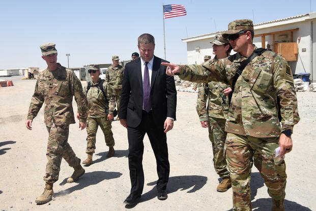 Ryan McCarthy, then-acting Secretary of the Army, visits the 4th Battalion, 3rd Air Defense Artillery Regiment, Sept. 20, 2019, at the Patriot site on Al Dhafra Air Base, United Arab Emirates. (U.S. Air Force photo/Jocelyn A. Ford)