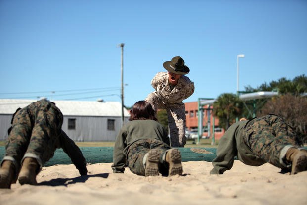 U.S. Marine Sgt. Katheryn Swingle, drill instructor, Oscar Company, 4th Recruit Training Battalion, Recruit Training Regiment, Marine Corps Recruit Depot Parris Island, conducts incentive physical training to instill order and discipline during the first phase of recruit training aboard Marine Corps Recruit Depot Parris Island, S.C., Oct. 29, 2012. (U.S. Marine Corps photo/Aneshea S. Yee)