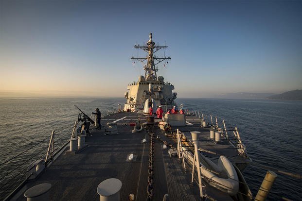 The Arleigh Burke-class guided-missile destroyer USS Donald Cook (DDG 75) transits the Dardanelles Strait, Feb. 19, 2019. (U.S. Navy/Ford Williams)