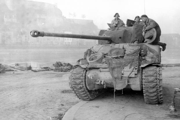 A British Sherman Firefly Tank at the Battle of the Bulge