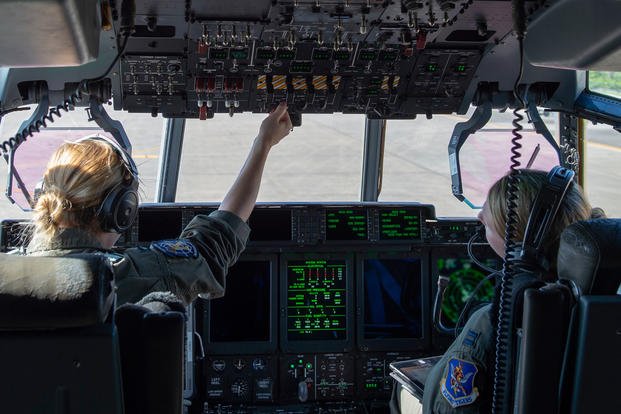 71st Rescue Squadron (RQS) pilots prepare for takeoff in the cockpit of an HC-130J Combat King II before of the airframe’s first flight to be operated by an all-female aircrew Sept. 6, 2019, at Moody Air Force Base, Ga. (U.S. Air Force photo/Kaylin P. Hankerson)