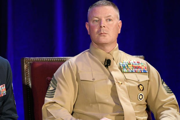 U.S. Marine Corps Master Gunnery Sgt. Scott Stalker, command senior enlisted leader of U.S. Cyber Command, sits on an SEL panel during the annual cyber- and technology-focused conference to discuss cyber enlisted matters. (U.S. Air Force photo/R.J. Biermann)