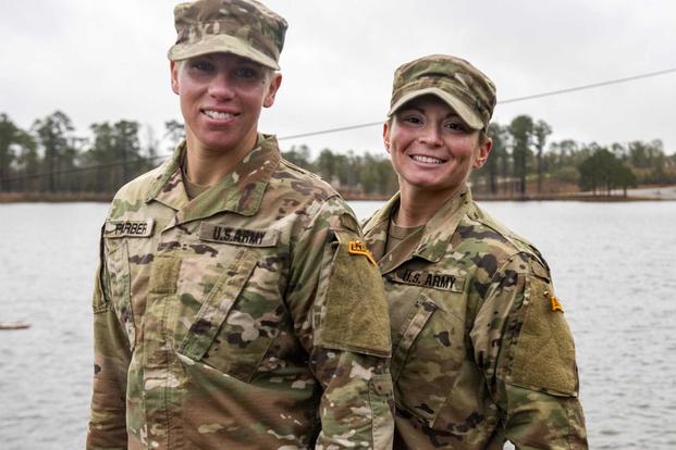U.S. Army Sgt. Danielle Farber, left, and U.S. Army Staff Sgt. Jessica Smiley, right, graduate U.S. Army Ranger School at Fort Benning, Georgia, Dec. 13, 2019, as the first National Guard enlisted females to complete the leadership school. (U.S. Army/Sgt. Brian Calhoun)