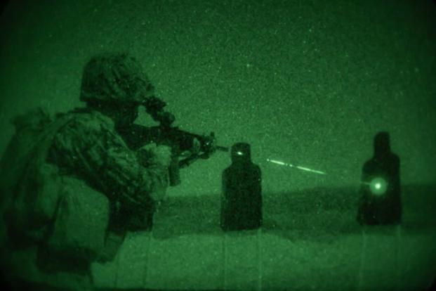 U.S. Marine Corps Lance Cpl. Austin Warren refines his combat marksmanship skills with his service rifle during a day and night qualification as part of an annual training requirement at Marine Corps Base Camp Pendleton, California, Nov. 05, 2019. (U.S. Marine Corps/Lance Cpl. Andrew Skiver)