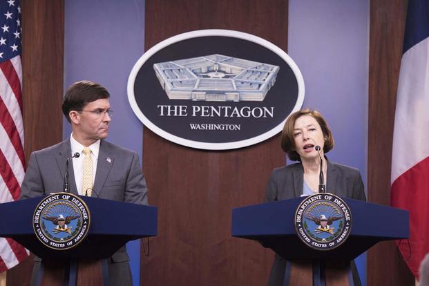 Esper holds a joint press briefing with French Defense Minister Florence Parly.