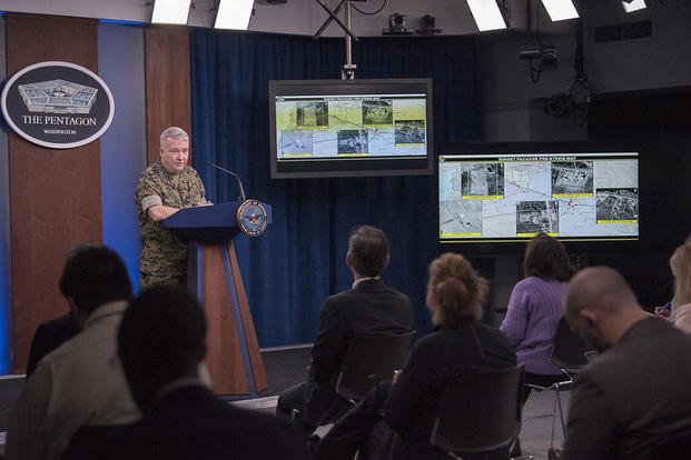 Members of the Pentagon Press Corps practice social distancing