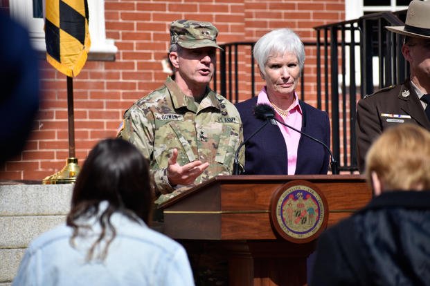 Army Maj. Gen. Timothy E. Gowen, adjutant general for Maryland, speaks to reporters