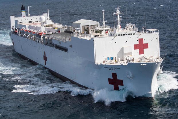 Military Sealift Command hospital ship USNS Mercy (T-AH 19) departs Naval Base San Diego