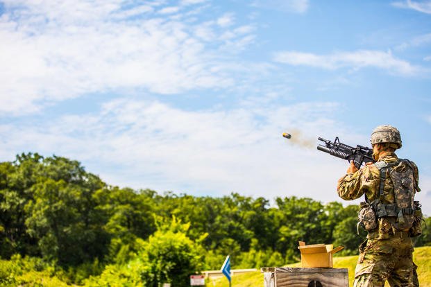 U.S. Military Academy at West Point cadet shoots a M203 grenade launcher