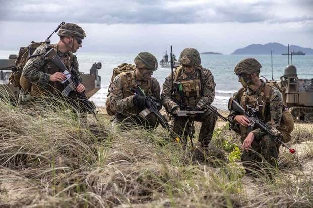 U.S. Marines during a simulated amphibious assault at exercise Talisman Sabre 19.
