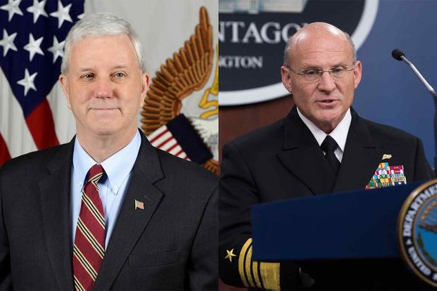 Acting Secretary of the Navy James McPherson (left), and Chief of Naval Operations Adm. Michael M. Gilday (right)