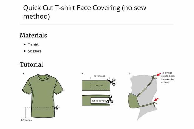 Graphic gives instructions on constructing a t-shirt face covering to protect against COVID19. 