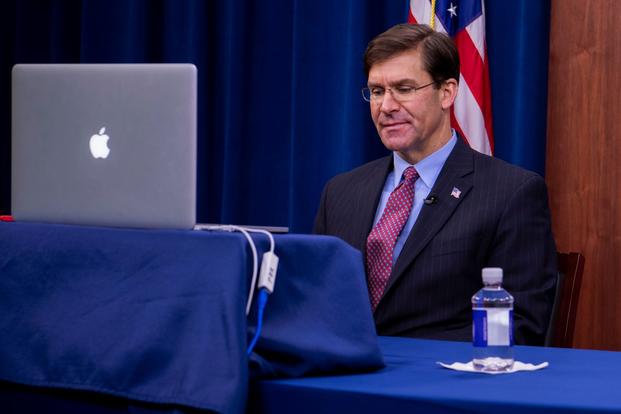 Secretary of Defense Dr. Mark T. Esper holds a conference with industry leaders from the Pentagon Briefing Room May 15, 2020.