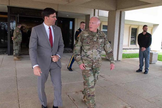 Defense Secretary Mark Esper tours the U.S Army Medical Research Institute of Infectious Diseases with Army Brig. Gen. Mike Talley, commanding general of U.S. Army Medical Research Development Command at Fort Detrick, Md., March 17, 2020. (DoD/Army Staff Sergeant Nicole Mejia)