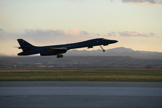 B-1B Lancer assigned to the 28th Bomb Wing takes off from Ellsworth Air Force Base