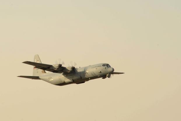 A U.S. Air Force C-130J Super Hercules assigned to the 386th Air Expeditionary Wing takes off from an undisclosed location in Southwest Asia during a mission in support of Operation Inherent Resolve Oct. 19, 2016.