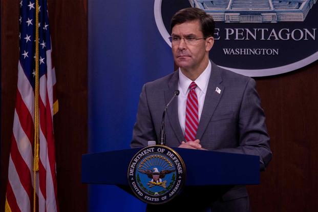 Defense Secretary Dr. Mark T. Esper holds a news conference at the Pentagon