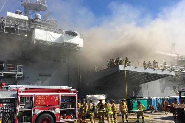 firefighters combat a fire aboard USS Bonhomme Richard