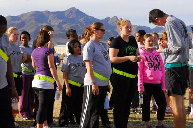 Roll call during the Pregnancy Postpartum Physical Training program at Stout Track and Field Complex in Fort Bliss, Texas.