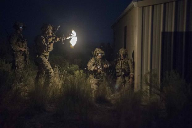 A Special Tactics Airman with the 17th Special Tactics Squadron fires an M4 carbine during Jaded Thunder
