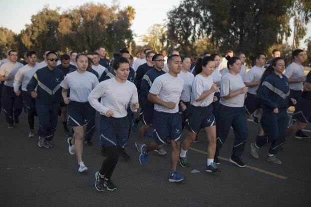 Airmen participate in a group run at Travis Air Force Base.