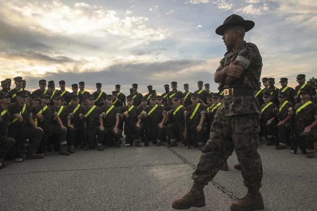 Recruits drill evaluation on Marine Corps Recruit Depot Parris Island.