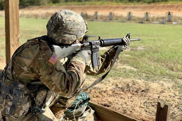 A soldier participates in Weapons Qualification on the M16 Assault Rifle at the firing range on Fort Jackson