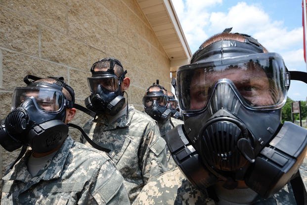 Soldiers prepare to enter gas chamber at Fort Leonard Wood