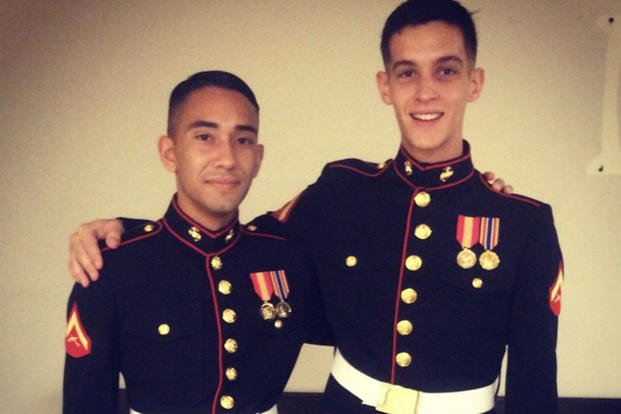 Lance Cpl Joshua Burch, right, is pictured with his friend, Lance Cpl. Jeremy Matos, before a Marine Corps birthday ball in 2014. (Photo courtesy of Joshua Burch) Marine lance corporal birthday ball