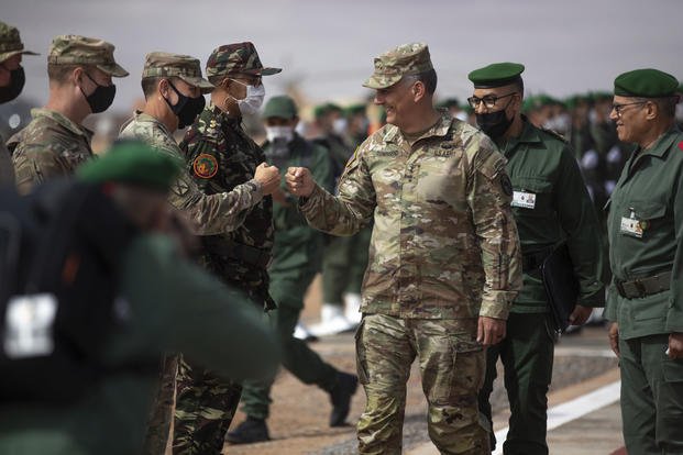 Gen. Stephen Townsend arrives to watch a large scale drill in Tantan, Morocco. 