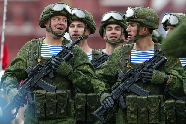 Russian paratroopers Victory Day military parade Red Square Moscow.
