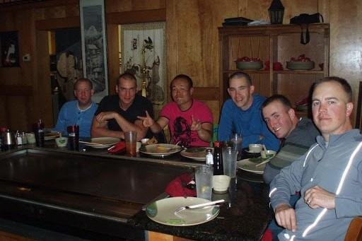 Austin Tice, second from left, took a break from Airborne Basic Training at Fort Benning, Georgia, to get sushi with friends. (Photo courtesy of Masahiro Oda) Austin Tice and his friends at a sushi restaurant in Georgia.