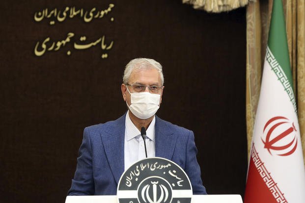 cabinet spokesman Ali Rabiei speaks at his weekly press briefing in Tehran, Iran