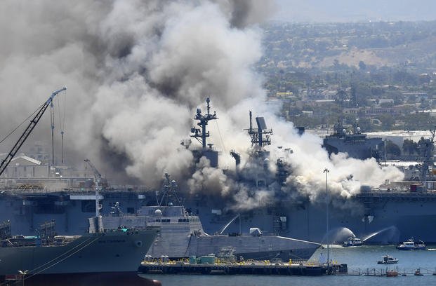 Smoke rises from the USS Bonhomme Richard in San Diego 