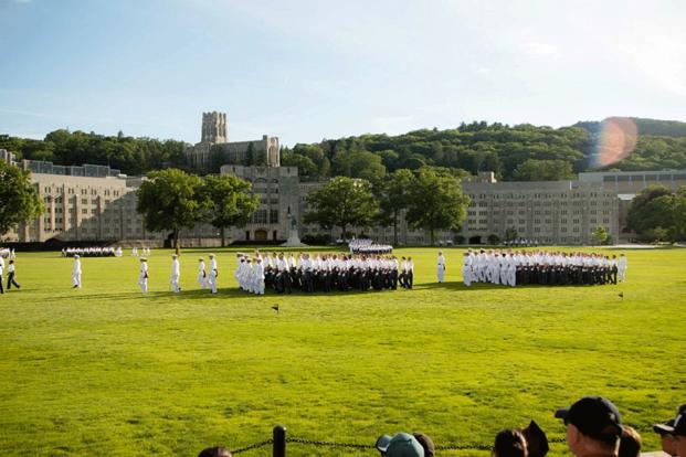 West Point cadets march on the parade grounds during graduation