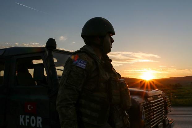 A Turkish Armed Forces soldier at a checkpoint in Kosovo. 