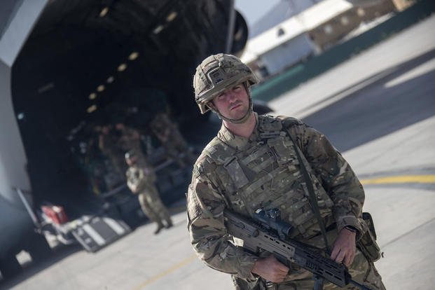 UK military personnel boarding a A400M aircraft departing Kabul, Afghanistan.